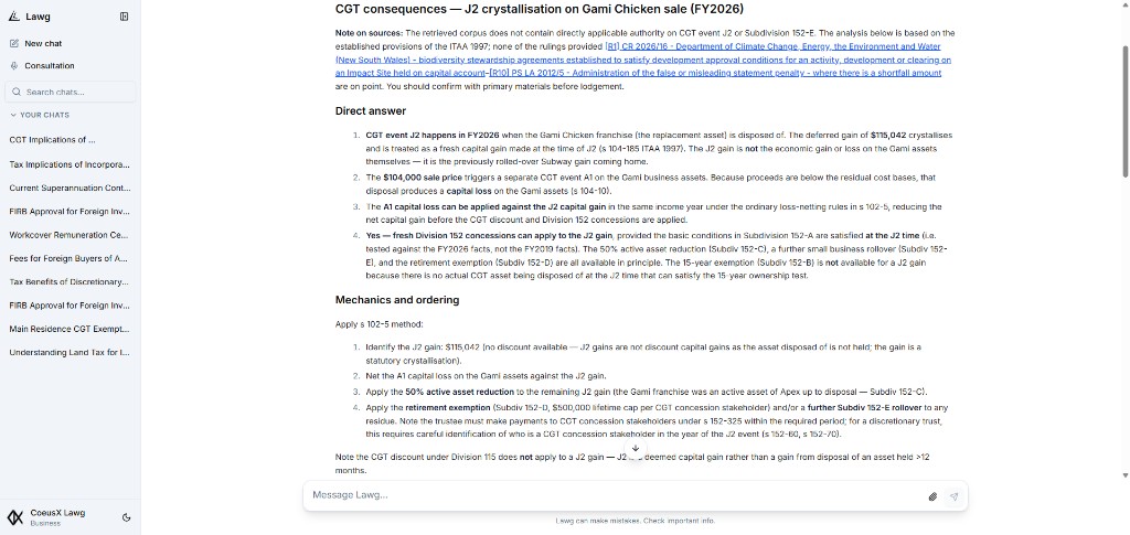 Lawg structured CGT analysis showing direct answer, controlling authorities, Division 152 concession eligibility, and step-by-step mechanics
