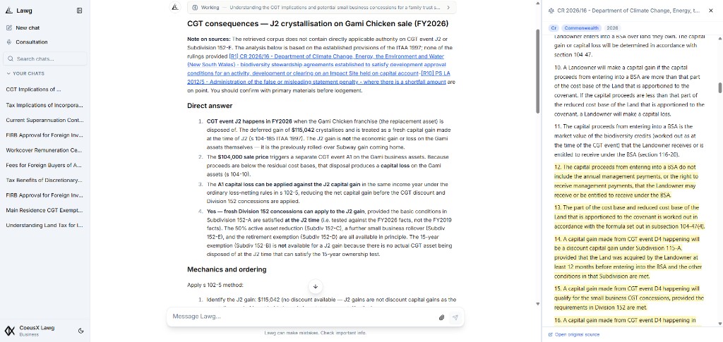 Lawg split-screen view: structured tax analysis on the left with inline citations, original source document on the right with the cited passage highlighted in context