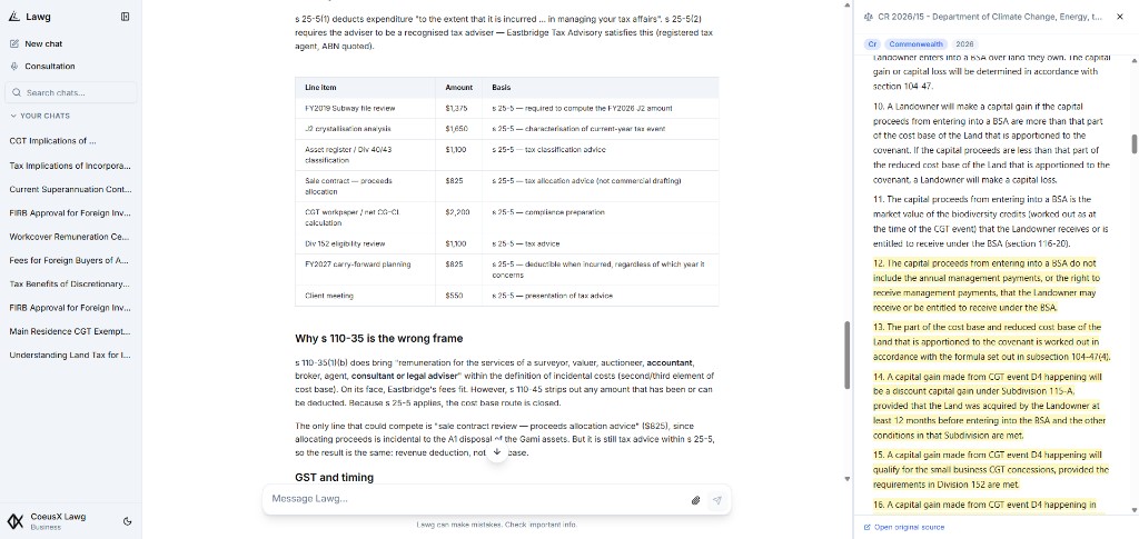Lawg professional fees analysis with line-by-line s 25-5 characterisation table and source verification panel showing the original ATO ruling passage