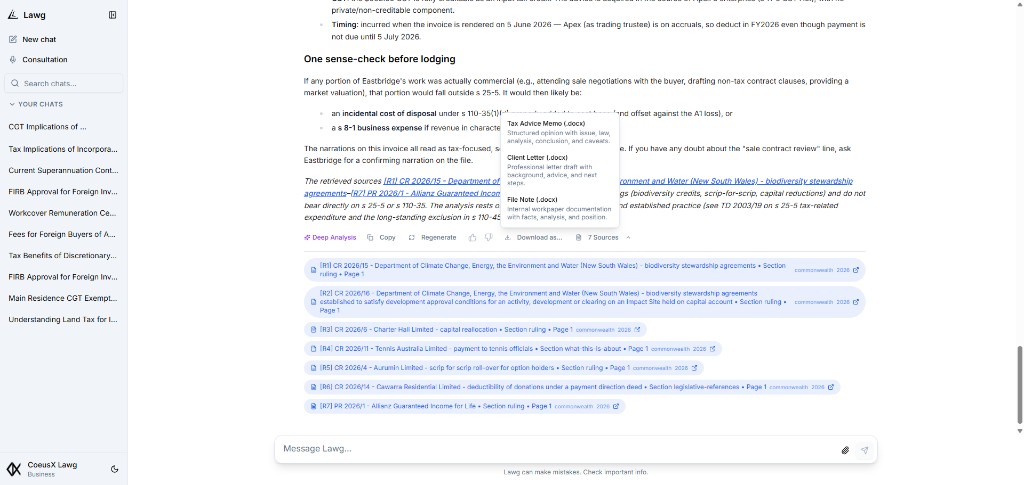 Lawg export menu showing three professional document templates: Tax Advice Memo, Client Letter, and File Note
