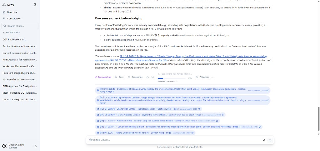 Lawg generating a Tax Advice Memo from a completed analysis, with source citations and progress indicator