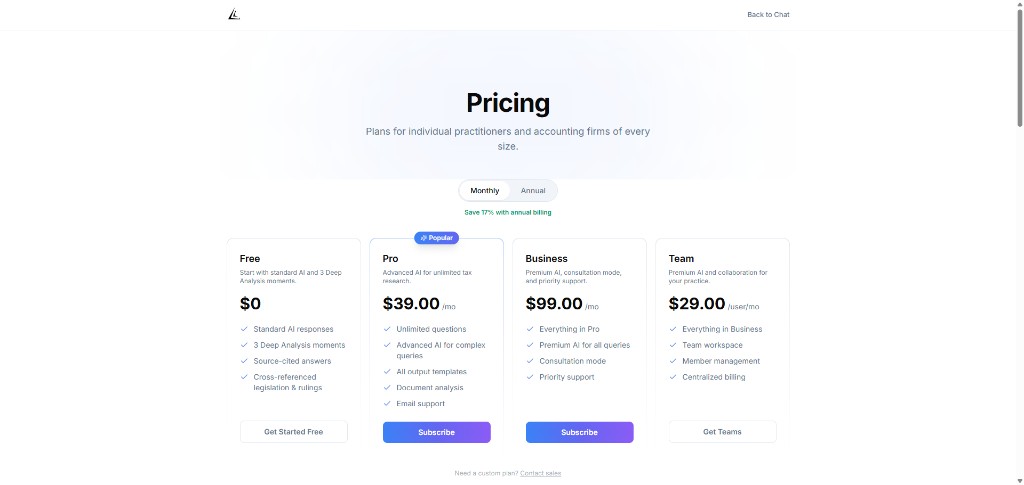 Lawg pricing plans for individual practitioners and accounting firms: Free, Pro, Business, and Team tiers with clear feature comparison