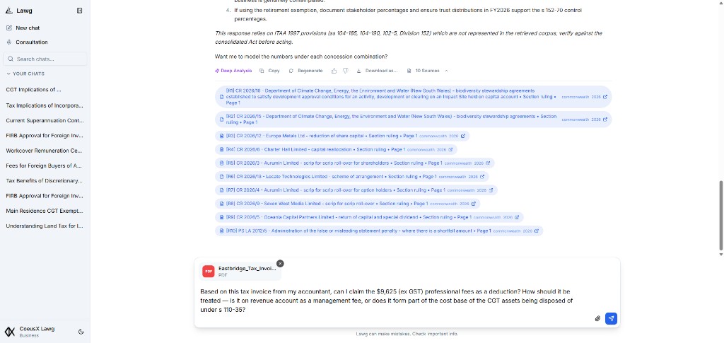Lawg document upload: a tax invoice PDF attached to the chat, with a follow-up question about professional fees deductibility and s 110-35 cost base treatment