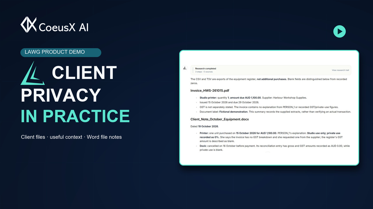 Client Privacy in Practice: CoeusX AI and Lawg branding beside a native Lawg answer screenshot.