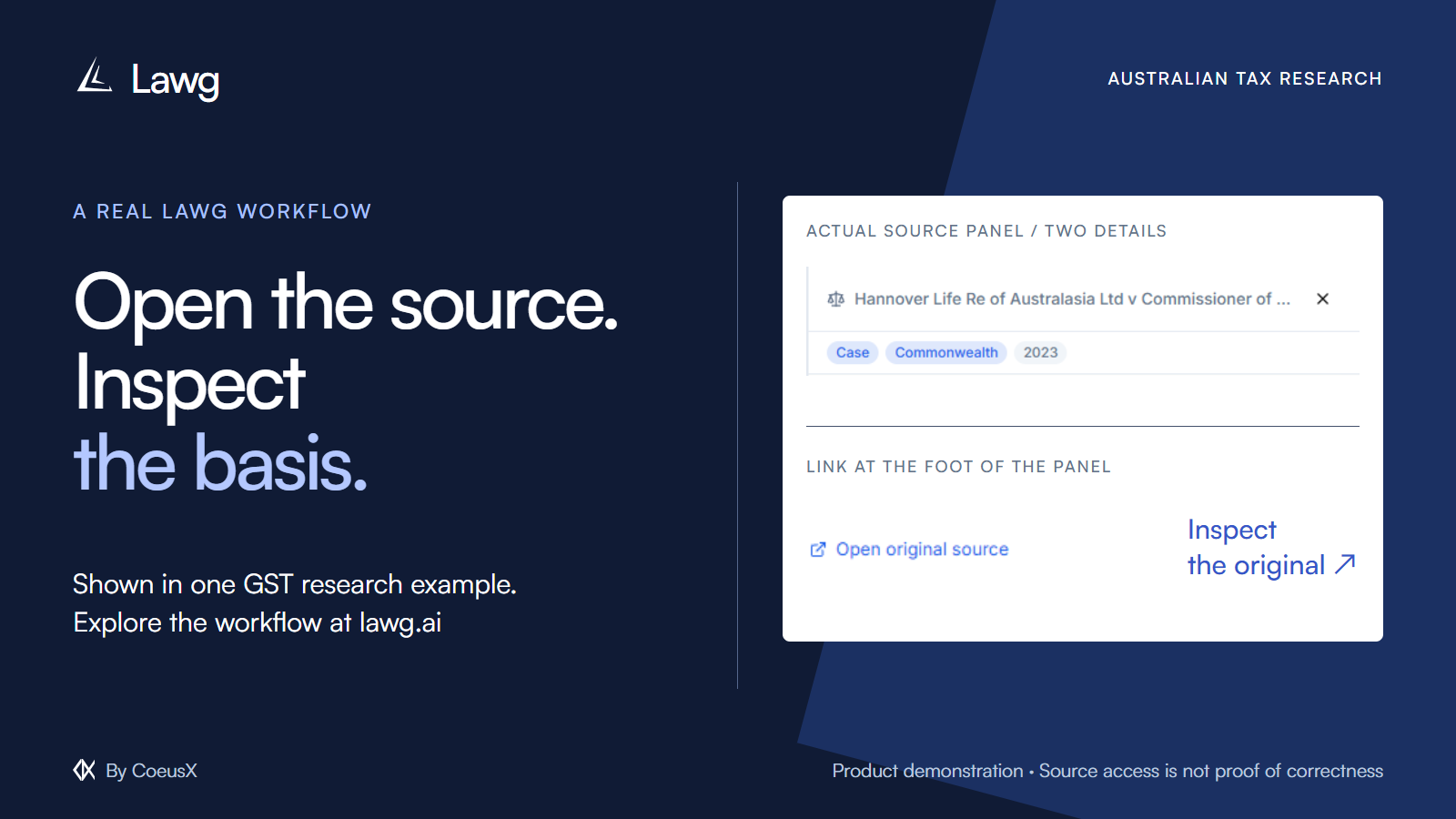 Lawg graphic showing two separate details from a real source panel: its case header and the Open original source link.