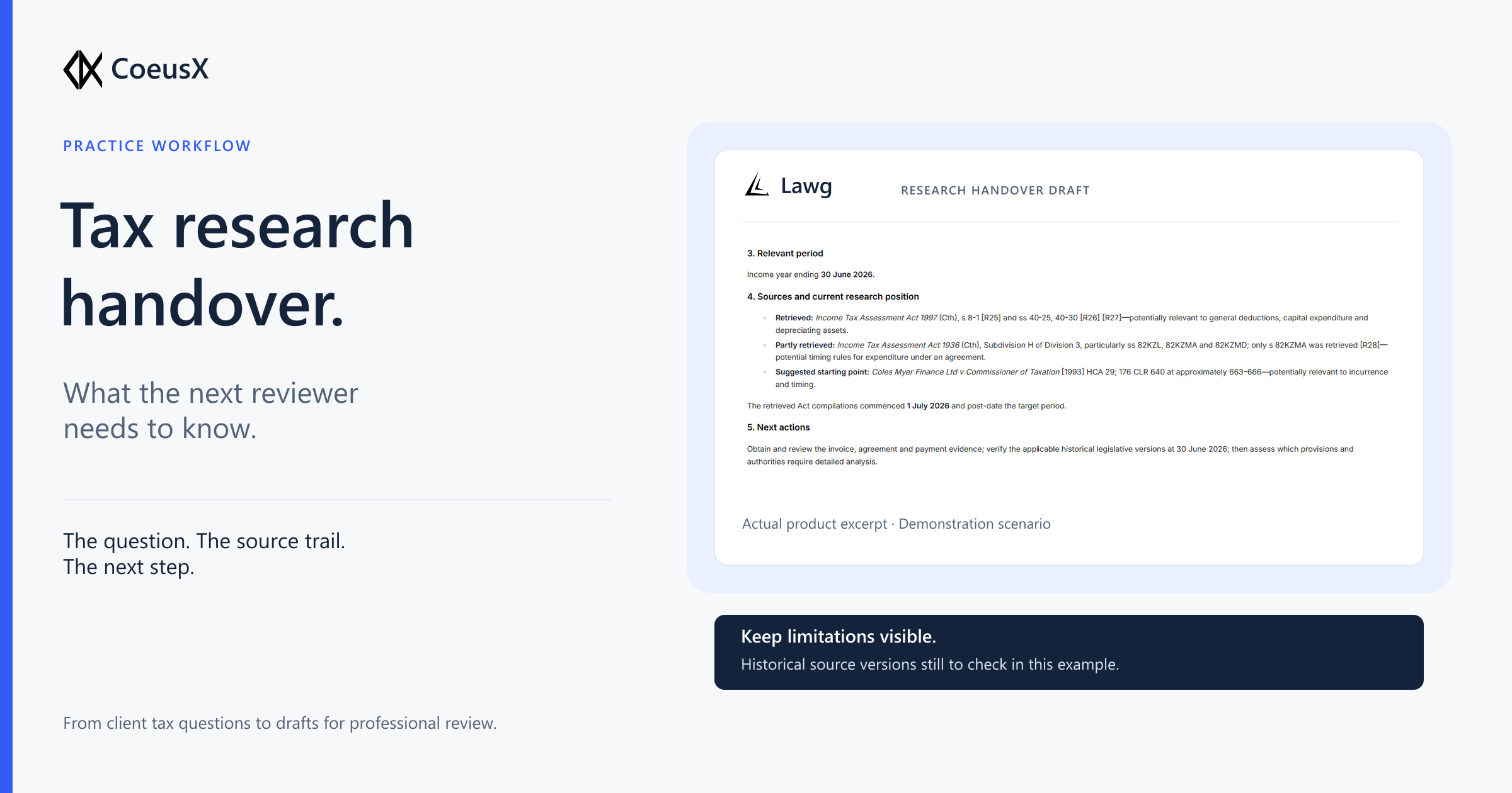 Tax research handover: real Lawg draft excerpt showing the relevant period, sources, research limitations and next actions.