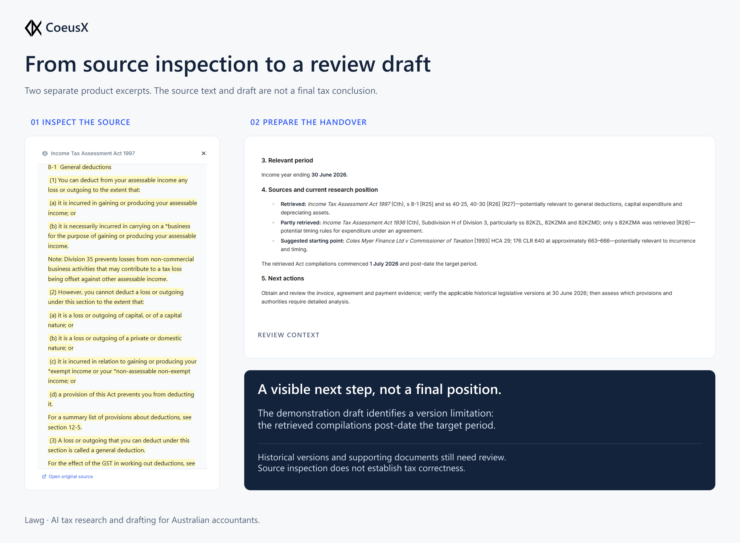 Separate Lawg screenshot excerpts showing source inspection and a handover draft with its relevant period, source limitations and next actions.